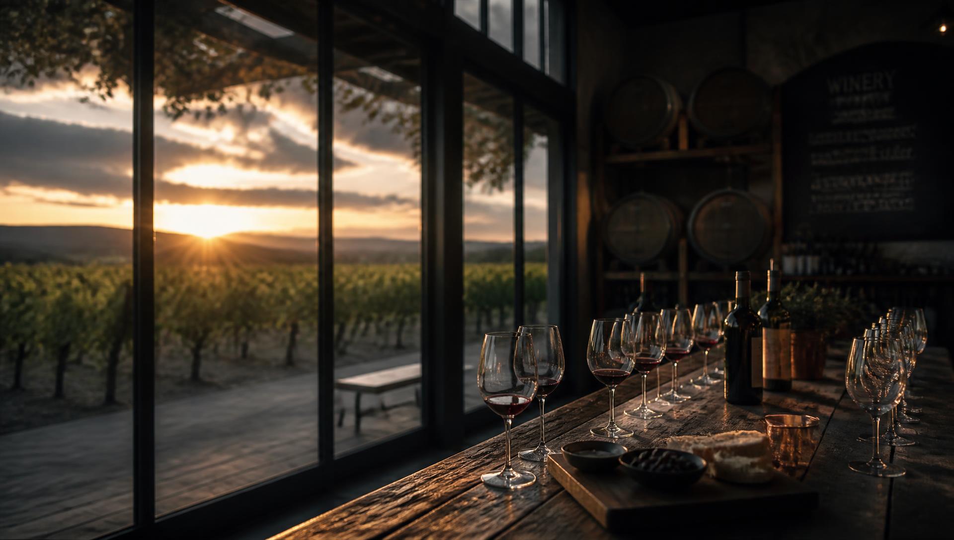 Cellar door tasting bench at golden hour with vineyard rows beyond the windows